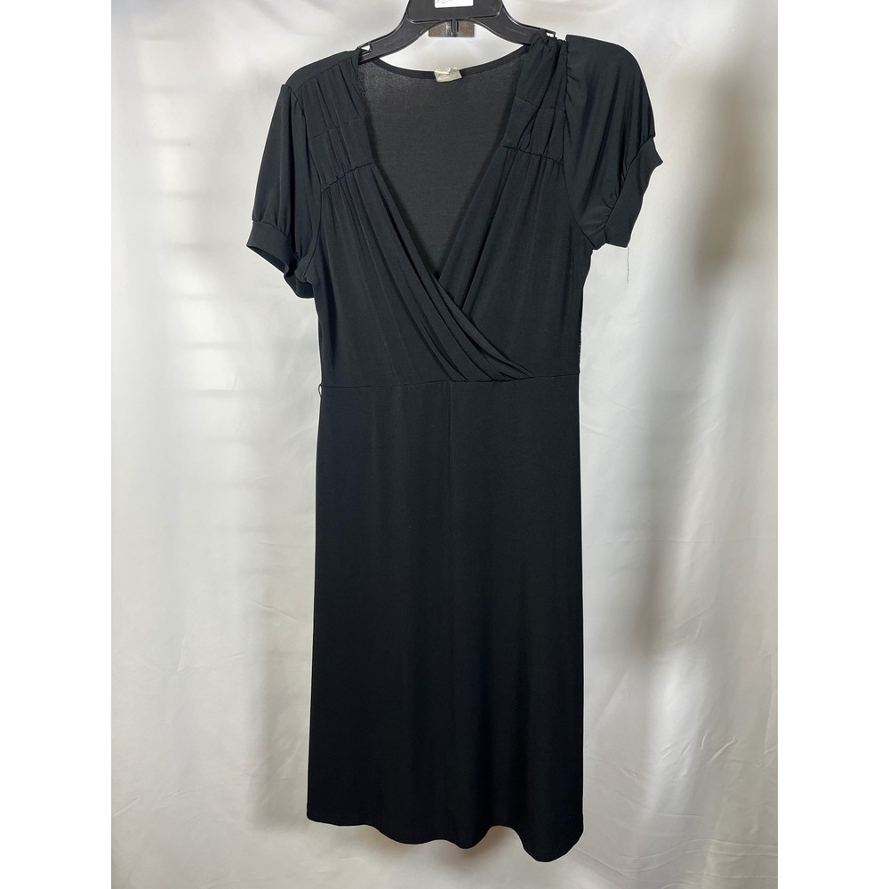 Merona‎ Womens Black Faux Wrap V-Neck A-Line Dress Short Puff Sleeve Size M